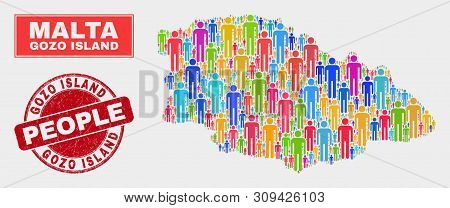 Demographic Gozo Island Map Illustration. People Color Mosaic Gozo Island Map Of Persons, And Red Ro