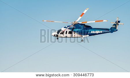 Victoria, Canada - October 02 2017: Helijet International Helicopter (cfzaa - Sikorsky S76) In Fligh
