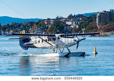 Victoria, Canada - October 02 2017: Single Otter Harbour Air Seaplane (c-fhas 312), A Powered Fixed-