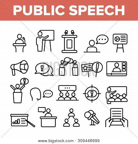 Public Speech Vector Thin Line Icons Set. Public Speech, Oratorical Skills Linear Pictograms. Presen