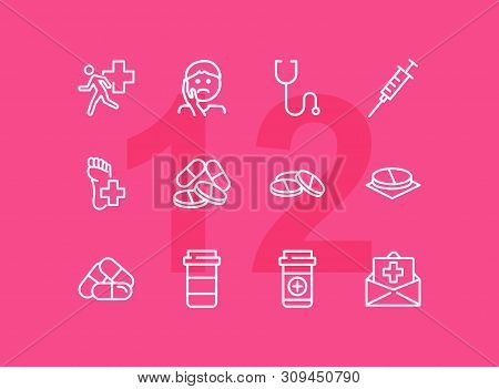 Medical Aid Line Icon Set. Stethoscope, Syringe, Pills. Medicine Concept. Can Be Used For Topics Lik
