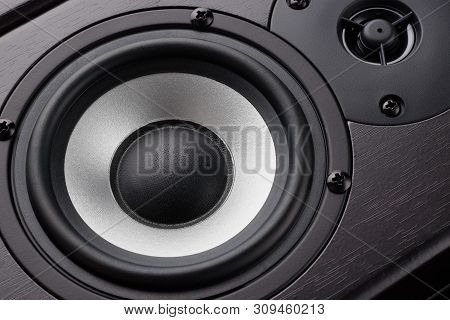 Wooden Multimedia System In Black Close-up. Loudspeakers. Audio Speakers.