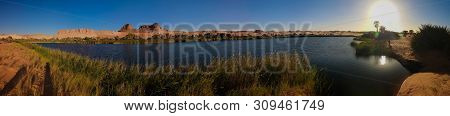 Panoramic View To Boukkou Lake Group Of Ounianga Serir Lakes At Sunset , Ennedi, Chad