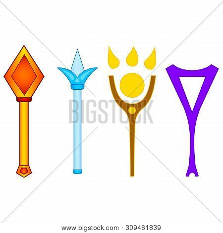 Set Of Different Magic Wands Isolated On White Background. Fantasy Magic Weapon. Illustration For An