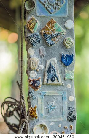Closeup Pottery Thai And Brown Texture Background On Wall For Interior Or Exterior Decoration