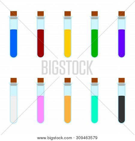 Set Of Colored Cartoon Magic Elixir Flask Isolated On White Background. Wizard Or Witch Items. Illus