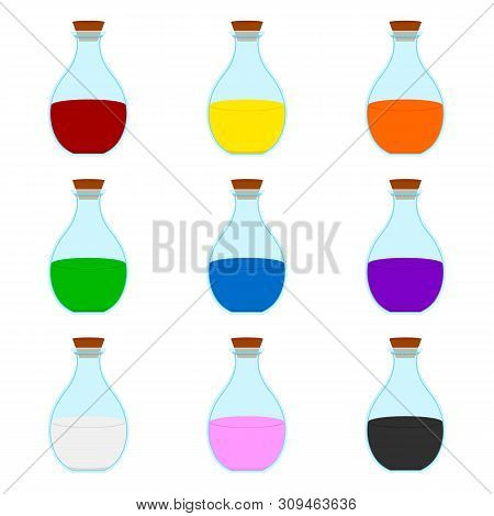 Set Of Colored Cartoon Magic Elixir Flask Isolated On White Background. Wizard Or Witch Items. Illus