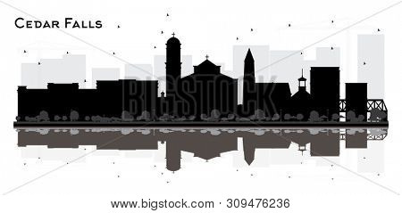 Cedar Falls Iowa City Skyline Silhouette with Black Buildings and Reflections Isolated on White. Tourism Concept with Historic Architecture. Cedar Falls Cityscape with Landmarks.