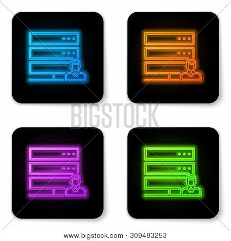 Glowing Neon Customer Care Server Icon Isolated On White Background. Tech Support Concept With Male 