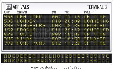 Airport Scoreboard. Digital Led Board Font, Arrivals And Departures Signs. Departure Railway Informa