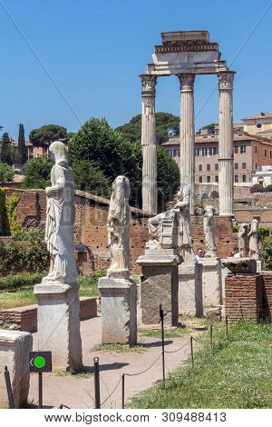Ruins Of Temple Of Dioscuri At Roman Forum In City Of Rome, Italy