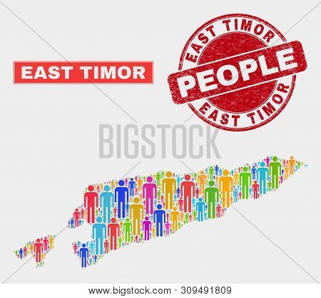 Demographic East Timor Map Illustration. People Color Mosaic East Timor Map Of Persons, And Red Roun