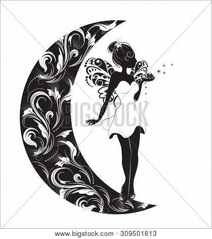 Silhouette Of The Fairy With Wings And A Magic Dust, Fairy On The Moon