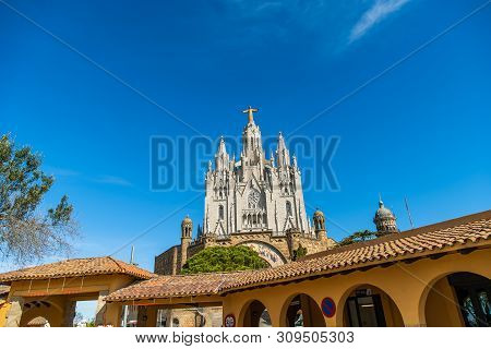 Barcelona, Spain - April, 2019. Tibidabo Cathedral. Temple Of The Sacred Heart Of Jesus At Mount Tib