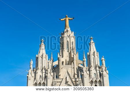 Barcelona, Spain - April, 2019. Tibidabo Cathedral. Temple Of The Sacred Heart Of Jesus At Mount Tib