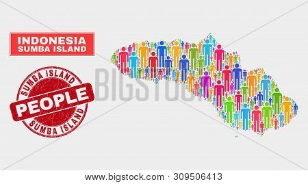 Demographic Sumba Island Map Abstraction. People Bright Mosaic Sumba Island Map Of Men, And Red Roun