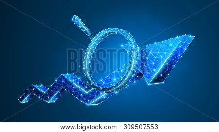 Magnifying Glass On Growth Chart Arrow. Market Success Analysis, Infographic Reserch Concept. Abstra