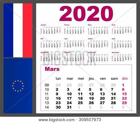 Calendar Grid Language Is French, France, Gallic, Parleyvoo For 2020 With Weeks. Illustration Templa