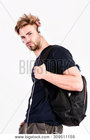 Sexy Muscular Man Listen Audio. Man In Earphones Isolated On White. E Book. Unshaven Man Listening A