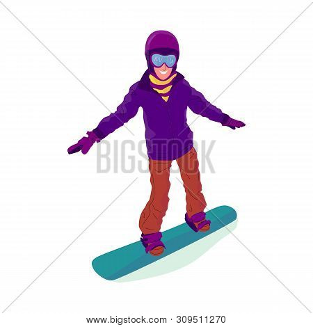 Young Man Is Snowboarding. Flat Style Stock Vector Illustration.