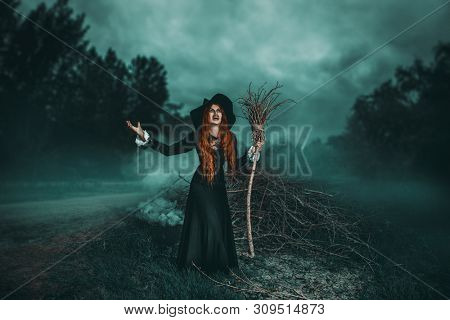 A portrait of an angry witch with a broodstick near the forest. Magic, dark force, spell. 