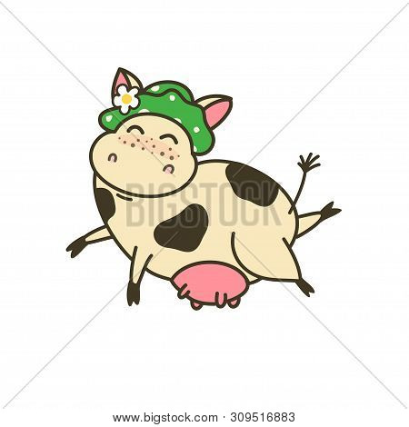 Funny Cartoon Character, Happy Cow Vector Illustrarion, Logo Template. Cute Jumping Kine. Good For C