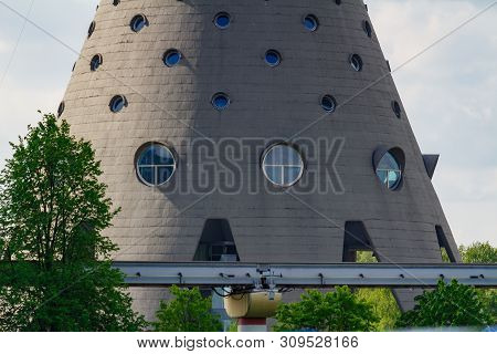 Moscow, Russia - May 12, 2019: Cone Base Of Ostankino Tv Tower In Moscow With Round Windows Closeup 