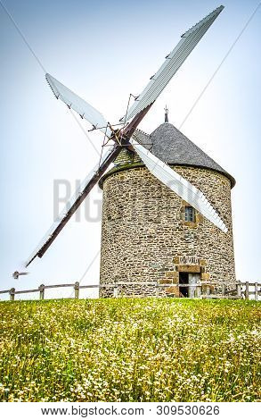 Old Wind Mill In Bretagne, France, Europe