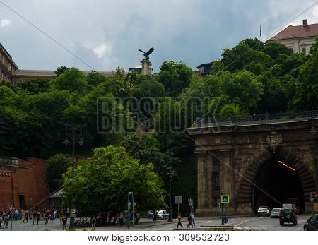 The Bronze Statue Of The Mythological Turul Bird At The Gate Of The Royal Palace In Budapest, Hungar