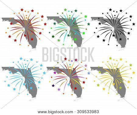 Detailed And Accurate Illustration Of Map Of Florida With Fireworks