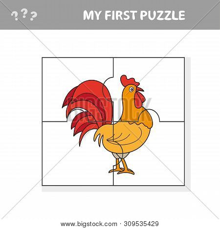Puzzle Pieces - Puzzle Game For Children - Rooster Bird Cartoon Cock - Vector