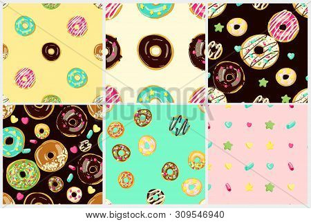 Glazed Donuts Seamless Pattern Set. Bakery Vector Illustrations. Top View Glazed Doughnuts