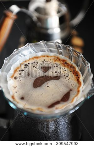 Alternative Coffee Brewing. Transparent Glass Pour Over Dripper V60 With Paper Filter Top View. Goos