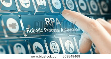 Woman Using A Rpa Robotic Process Automation System By Pressing A Button. Composite Image Between A 