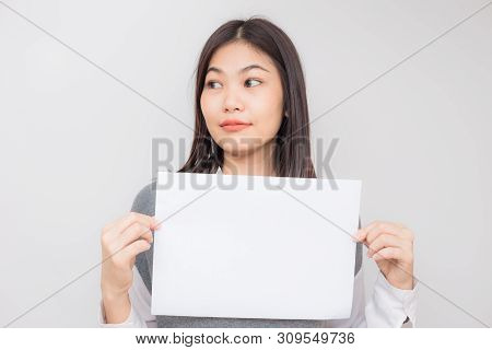 Smiling Business Asian Women Hold Blank White Paper Ads Text Sapce On White Background
