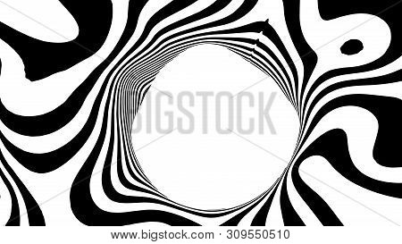Optical Illusion Wave. Abstract 3D Black And White Illusions. Horizontal Lines Stripes Pattern Or Ba