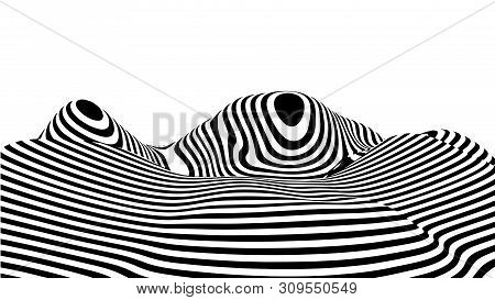 Optical Illusion Wave. Abstract 3D Black And White Illusions. Horizontal Lines Stripes Pattern Or Ba
