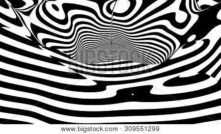 Optical Illusion Wave. Abstract 3D Black And White Illusions. Horizontal Lines Stripes Pattern Or Ba