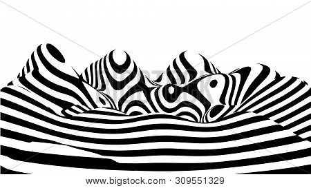 Optical Illusion Wave. Abstract 3D Black And White Illusions. Horizontal Lines Stripes Pattern Or Ba