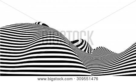 Optical Illusion Wave. Abstract 3D Black And White Illusions. Horizontal Lines Stripes Pattern Or Ba