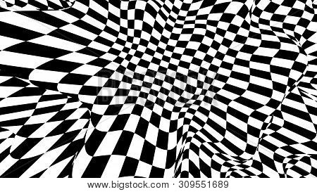 Optical Illusion Wave. Chess Waves Board. Abstract 3D Black And White Illusions. Horizontal Lines St