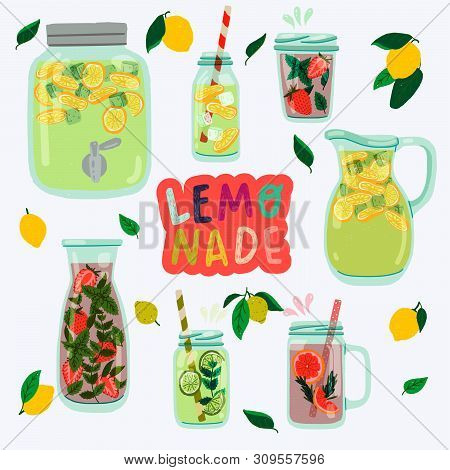 Lemonade Series With Flat Style Mason Jars. Hand Drawn Glasses With Natural Cooling Drinks Made Of L
