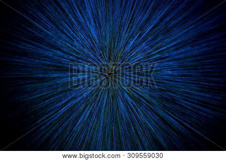 Natural Lens Zoom Explosion Radial Blurred Blue Green Orange Dots On Black Background