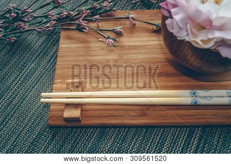 Oriental Style Tablewear With Flower Decor And Space For Text