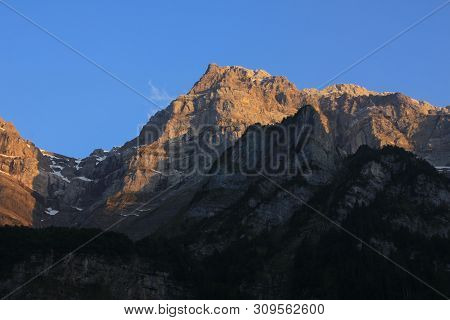 Peak Of Mount Glaernisch At Sunset, Switzerland.