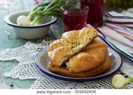 Traditional Homemade Romanian And Moldovan Pies - Placinta, Served With Wine. Rustic Style.