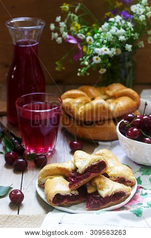 Traditional Homemade Romanian And Moldovan Pies - Placinta, Served With Wine. Rustic Style.