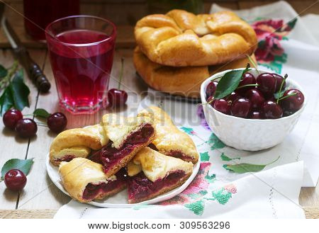 Traditional Homemade Romanian And Moldovan Pies - Placinta, Served With Wine. Rustic Style.