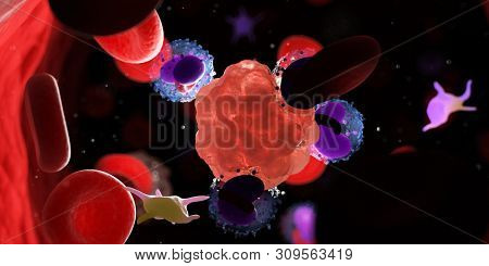 3d rendered medically accurate illustration of leucocytes attacking a cancer cell