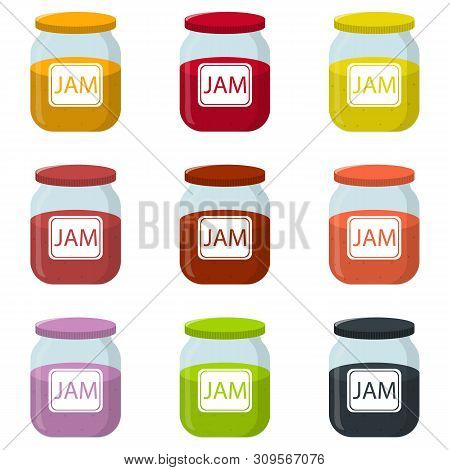 Set Of Jam Jar Isolated On White Background. Natural Healthy Food Production Jam. Strawberry, Raspbe
